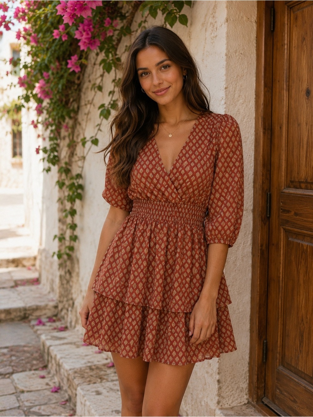 Mimi Chica Rust Printed Tiered Mini Dress